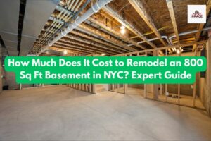 bacround is a renovating basement and green bacround popup text is How Much Does It Cost to Remodel an 800 Sq Ft Basement in NYC? Expert Guide
