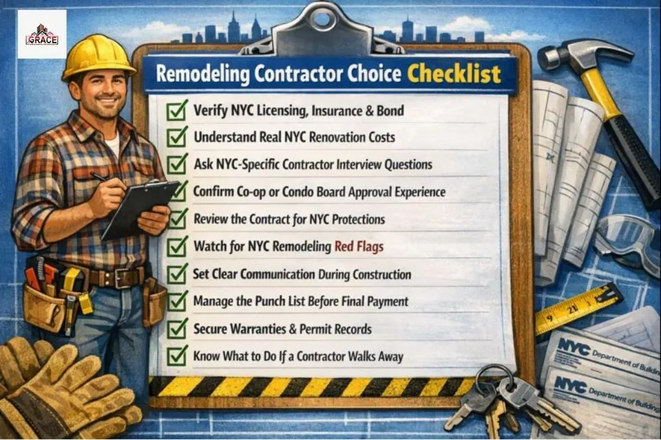 Remodeling contractor choice checklist for NYC homeowners showing 10 steps to choose a licensed, insured remodeling contractor in New York City, including permits, co-op approval, contracts, red flags, and final payment protection.