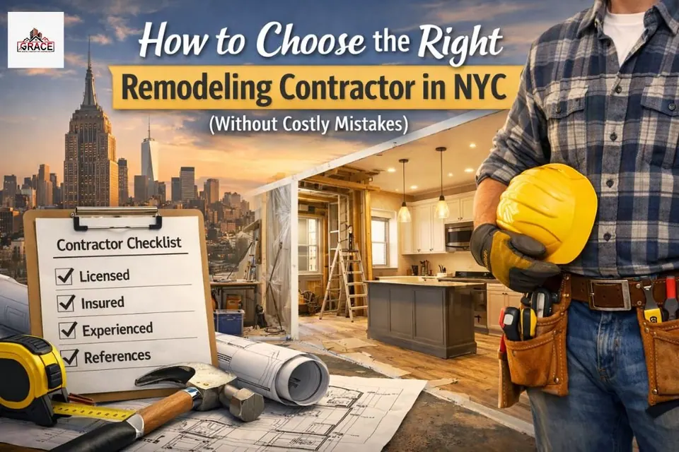 How to choose the right remodeling contractor NYC illustrated with contractor checklist, hard hat, and home renovation project
