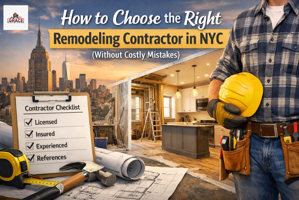 How to choose the right remodeling contractor NYC illustrated with contractor checklist, hard hat, and home renovation project