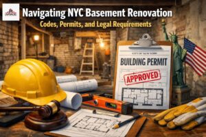 Navigating NYC basement renovation codes and permits with approved building permit, renovation plans, and construction tools in a New York basement setting