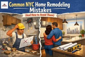 Common NYC Home Remodeling Mistakes illustrated by a messy renovation contrasted with a properly finished modern NYC kitchen.