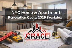 NYC home and apartment renovation costs 2026 with modern New York apartment remodel, construction tools, and Grace General Construction Corporation branding.