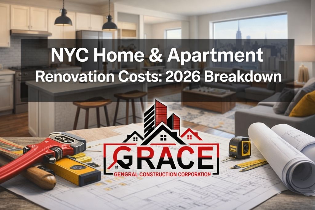 NYC home and apartment renovation costs 2026 with modern New York apartment remodel, construction tools, and Grace General Construction Corporation branding.