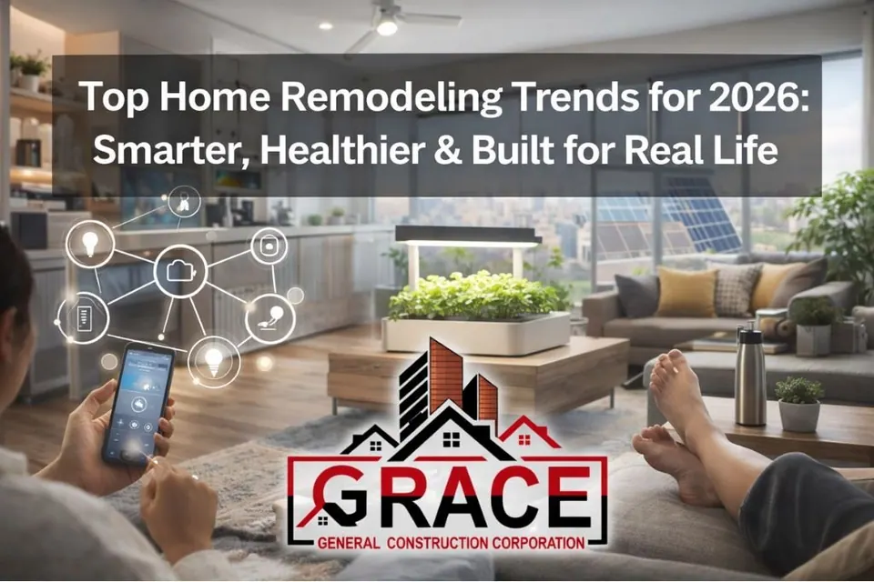 A modern living room showing smart home and eco-friendly remodeling ideas for 2026, featuring Grace General Construction Corporation.