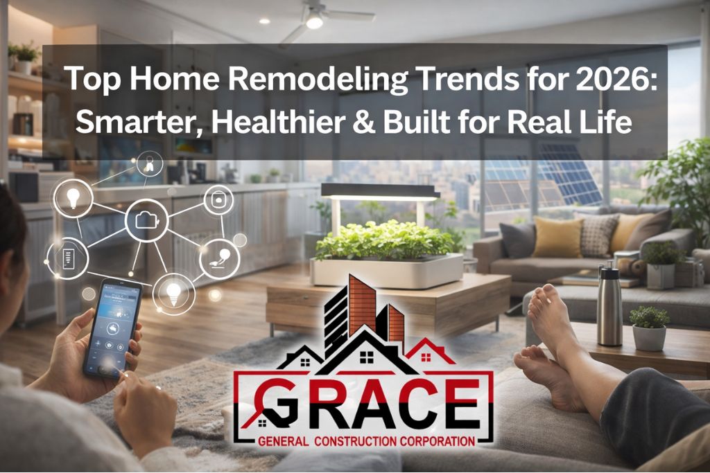 A modern living room showing smart home and eco-friendly remodeling ideas for 2026, featuring Grace General Construction Corporation.