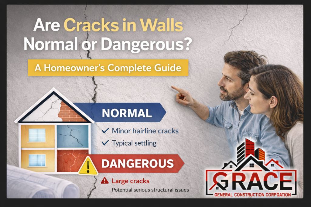 Homeowners checking wall cracks with diagram showing normal settling cracks and dangerous foundation damage