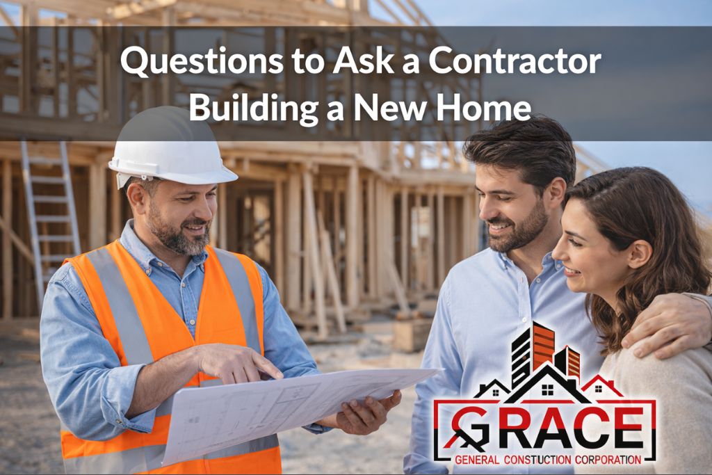 Contractor reviewing blueprints with a couple at a new home construction site while discussing important questions before building a house