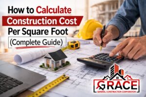Hands calculating construction cost per square foot on architectural blueprints with calculator, house model, and construction tools for a home building cost guide