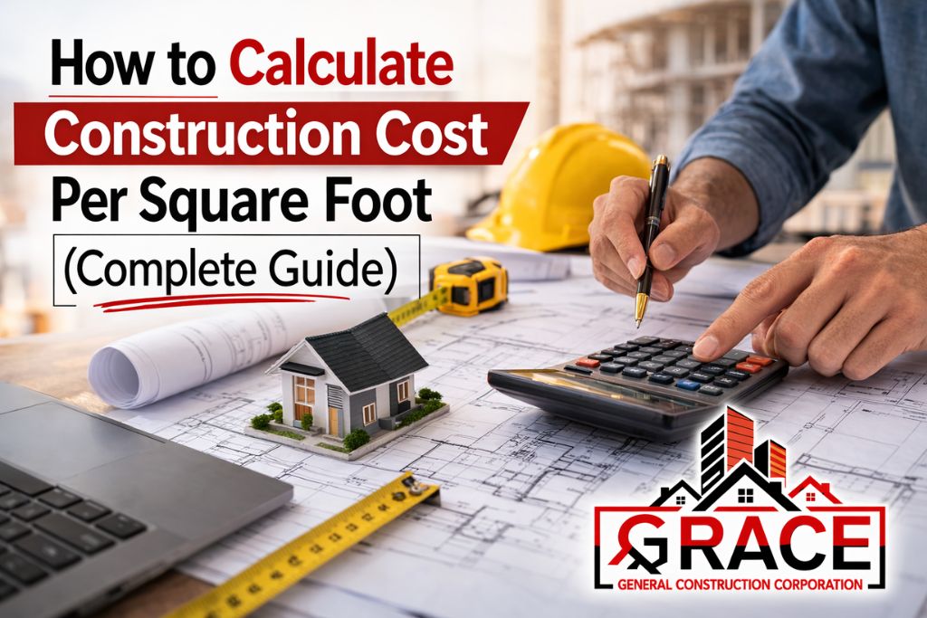 Hands calculating construction cost per square foot on architectural blueprints with calculator, house model, and construction tools for a home building cost guide