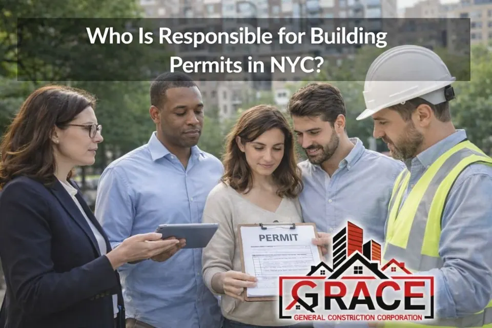 Homeowners reviewing a building permit document with a contractor and city representative outdoors in NYC while discussing who is responsible for construction permits