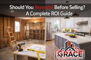 Split image showing a home under renovation on one side and a fully remodeled modern kitchen on the other, illustrating the ROI of remodeling before selling